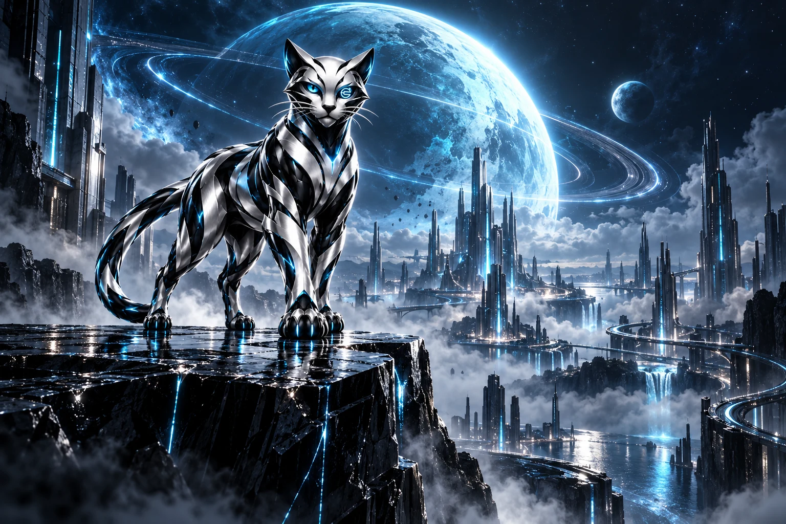 Wildcat looking across a futuristic city beneath a luminous cyan planet